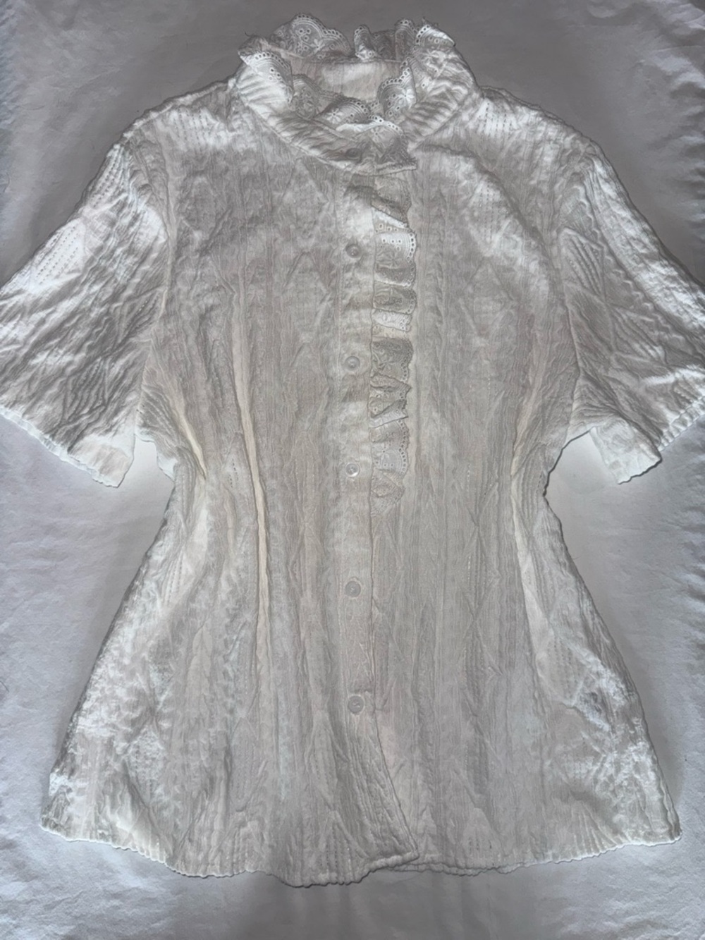 SHEIN White Ruffled Eyelet Button-Up Blouse L